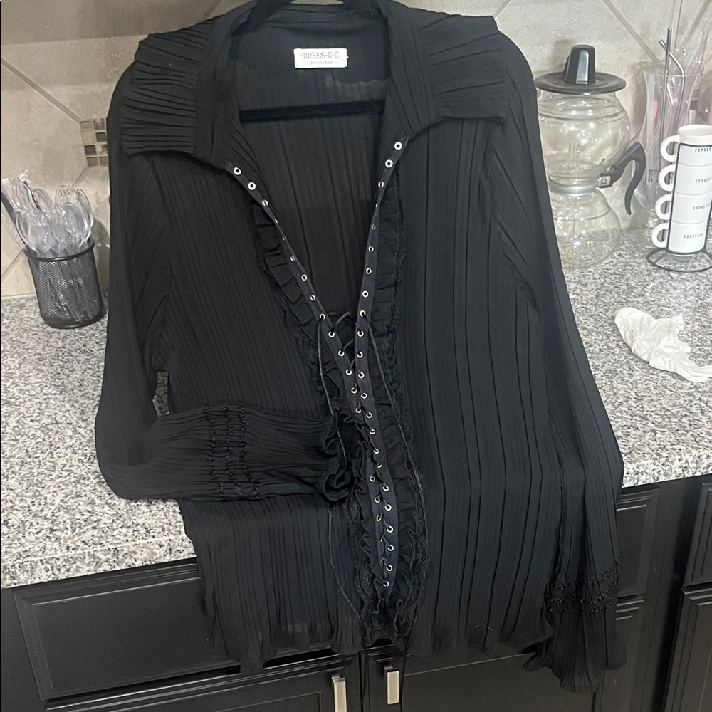 Black Lace-Up Blouse